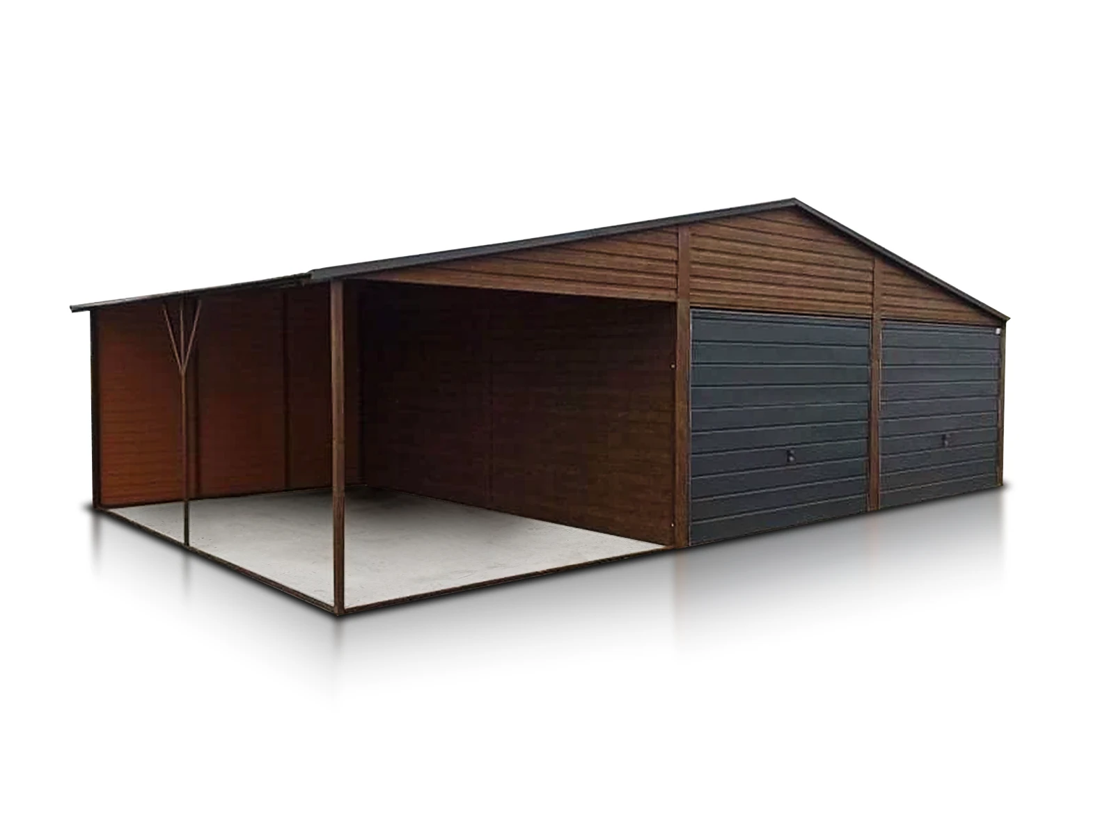 Garáž pre dve autá 6x5 m s prístreskom 3 m - drevo dekór