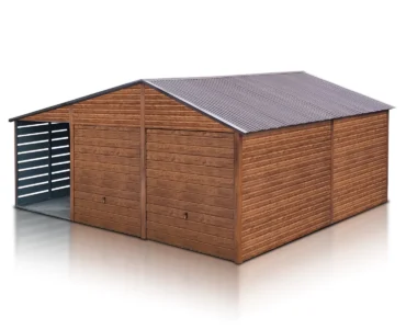 Garáž pre dve auta 6x5.5 m s prístreškom 3 m Sedlová strecha Drevo-dekor