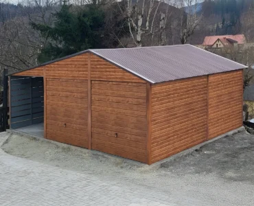 Garáž pre dve auta 6x5.5 m s prístreškom 3 m Sedlová strecha Drevo-dekor