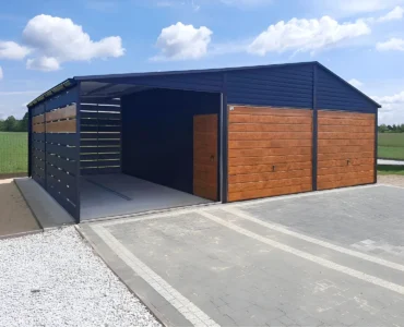 Garáž pre dve auta 6x5 m s prístreškom 3 m Sedlová strecha Grafit