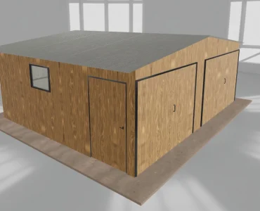 Plechová garáž 6x5 m, pre dve autá, sedlová strecha, dvojkrídlová brána, drevodekor