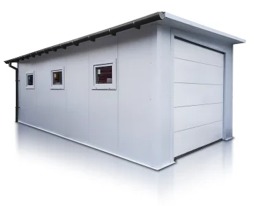 Garáž zo sendvičových panelov 4x7 m, biela, sekcionálna brána, 3x okno
