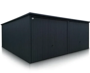 Plechová garáž 6x5,5 m, pre dve autá, pultová strecha, výklopná brána, grafit