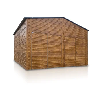Plechová hala 6,5x6 m, sedlová strecha, dvojkrídlová brána, drevodekor