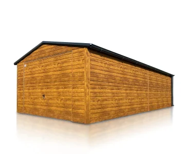 Plechová garáž 4x8 m, sedlová strecha, výklopná brána, drevodekor