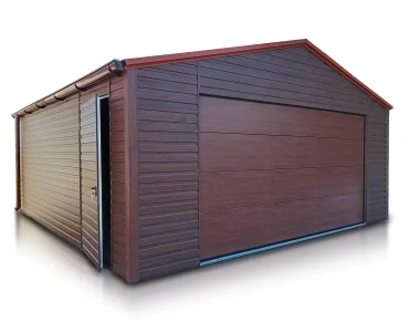 Plechová garáž 5,8x6 m, sedlová strecha, sekcionálna brána, drevodekor
