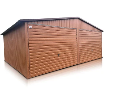 Plechová garáž 6x5 m, pre dve autá, sedlová strecha, výklopná brána, drevodekor – Model 5