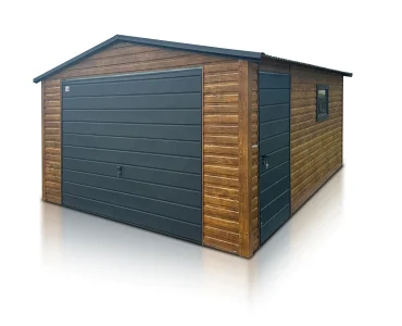 Plechová garáž 4x6 m, sedlová strecha, výklopná brána, drevodekor – Model 6