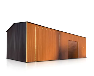 Plechová hala 13x6 m, sedlová strecha, sekcionálna brána, tmavo hnedá