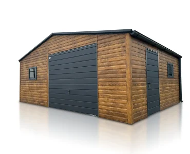 Plechová garáž 7x5 m, sedlová strecha, výklopná brána, drevodekor