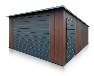Plechová garáž 4x6 m, pultová strecha, výklopná brána, drevodekor – Model 2