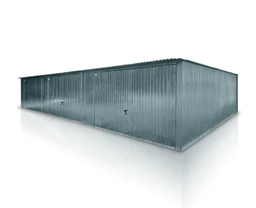 Plechová garáž 12x5 m, pre tri autá, pultová strecha, výklopná brána, zinok