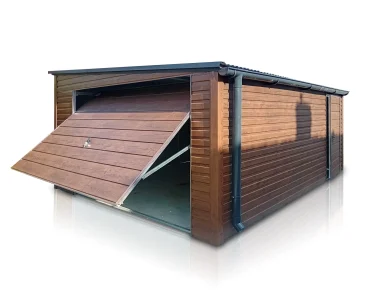 Plechová garáž 4x5 m, pultová strecha, výklopná brána, drevodekor – Model 2