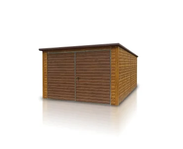 Plechová garáž 3,5x5 m, pultová strecha, dvojkrídlová brána, drevodekor
