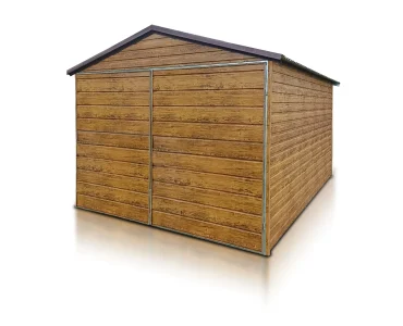 Plechová garáž 3x5 m, sedlová strecha, dvojkrídlová brána, drevodekor – Model 2