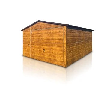 Plechová garáž 4x6 m, sedlová strecha, výklopná brána, drevodekor – Model 4