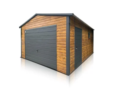 Plechová garáž 4x6 m, sedlová strecha, výklopná brána, drevodekor – Model 5