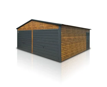 Plechová garáž 6x6 m, pre dve autá, sedlová strecha, výklopná brána, drevodekor – Model 2