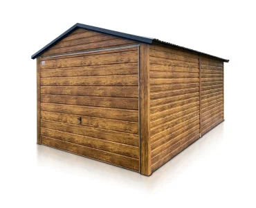 Plechová garáž 3x5 m, sedlová strecha, výklopná brána, drevodekor – Model 2