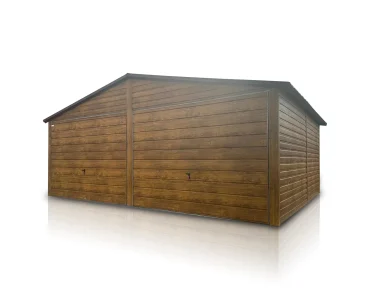Plechová garáž 6x6 m, pre dve autá, sedlová strecha, výklopná brána, drevodekor – Model 3