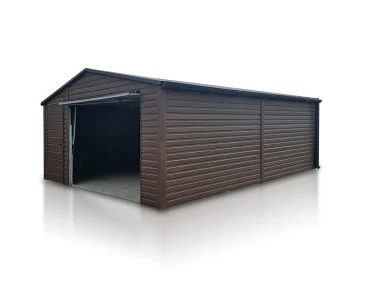 Plechová garáž 5x6 m, sedlová strecha, výklopná brána, drevodekor