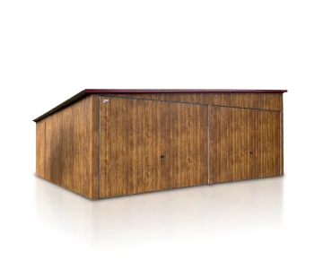 Plechová garáž 6x5 m, pre dve autá, pultová strecha, výklopná brána, drevodekor
