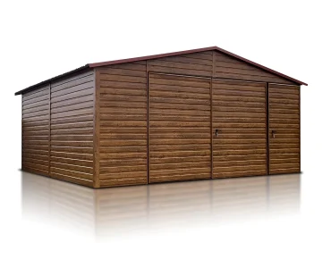 Plechová garáž 5x6 m, pre dve autá, sedlová strecha, dvojkrídlová brána, drevodekor