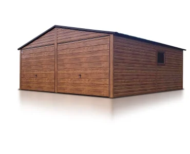 Plechová garáž 6x5 m, pre dve autá, sedlová strecha, výklopná brána, drevodekor – Model 6