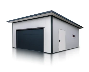 Garáž zo sendvičových panelov 6x6 m, biela, sekcionálna brána grafit, 1x dvere biela, 1x okno
