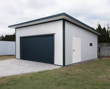 Garáž zo sendvičových panelov 6x6 m, biela, sekcionálna brána grafit, 1x dvere biela, 1x okno