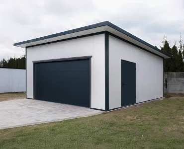 Garáž zo sendvičových panelov 6x6 m, biela, sekcionálna brána grafit, 1x dvere grafit