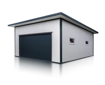 Garáž zo sendvičových panelov 6x6 m, biela, sekcionálna brána grafit, 1x dvere grafit, 2x okno