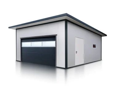 Garáž zo sendvičových panelov 6x6 m, biela, sekcionálna brána grafit, presklenie, 1x dvere biela, 1x okno