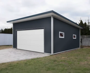 Garáž zo sendvičových panelov 6x6 m, grafit, sekcionálna brána biela, 2x okno