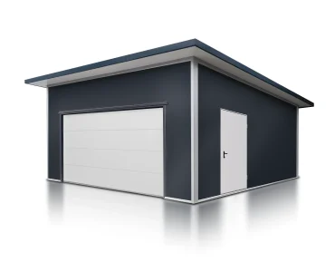 Garáž zo sendvičových panelov 6x6 m, grafit, sekcionálna brána biela, 1x dvere biela