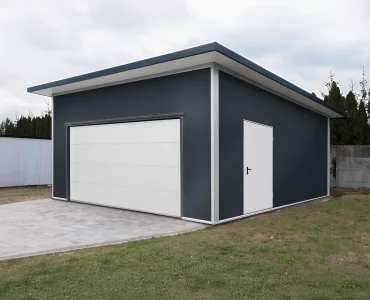 Garáž zo sendvičových panelov 6x6 m, grafit, sekcionálna brána biela, 1x dvere biela