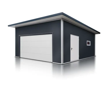 Garáž zo sendvičových panelov 6x6 m, grafit, sekcionálna brána biela, 1x dvere biela, 1x okno