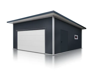 Garáž zo sendvičových panelov 6x6 m, grafit, sekcionálna brána biela, 1x dvere grafit, 1x okno