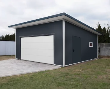 Garáž zo sendvičových panelov 6x6 m, grafit, sekcionálna brána biela, 1x dvere grafit, 1x okno