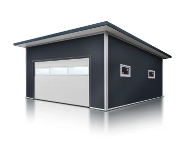 Garáž zo sendvičových panelov 6x6 m, grafit, sekcionálna brána biela, presklenie, 2x okno