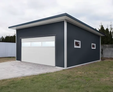Garáž zo sendvičových panelov 6x6 m, grafit, sekcionálna brána biela, presklenie, 2x okno