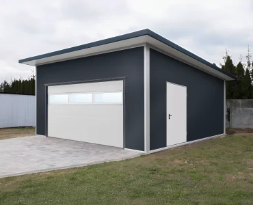 Garáž zo sendvičových panelov 6x6 m, grafit, sekcionálna brána biela, presklenie, 1x dvere biela