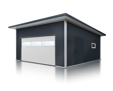 Garáž zo sendvičových panelov 6x6 m, grafit, sekcionálna brána biela, presklenie, 1x dvere grafit, 1x okno
