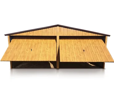 Plechová garáž 6x5,5 m, pre dve autá, sedlová strecha, výklopná brána, drevodekor