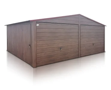 Plechová garáž 6x5,8 m, pre dve autá, sedlová strecha, výklopná brána, drevodekor