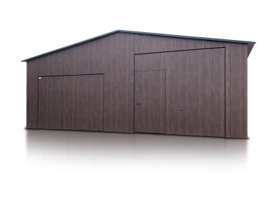 Plechová garáž 8x6 m, pre dve autá, sedlová strecha, výklopná brána, drevodekor