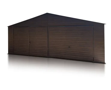 Plechová garáž 7x5 m, pre dve autá, sedlová strecha, výklopná brána, drevodekor