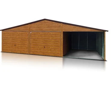 Plechová garáž 6x5 m, pre dve autá, sedlová strecha, výklopná brána, drevodekor – Model 7