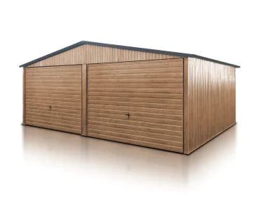 Plechová garáž 6x5 m, pre dve autá, sedlová strecha, výklopná brána, drevodekor – Model 8