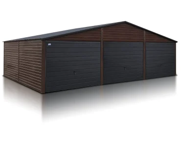 Plechová garáž 9x5 m, pre tri autá, sedlová strecha, výklopná brána, drevodekor – Model 2